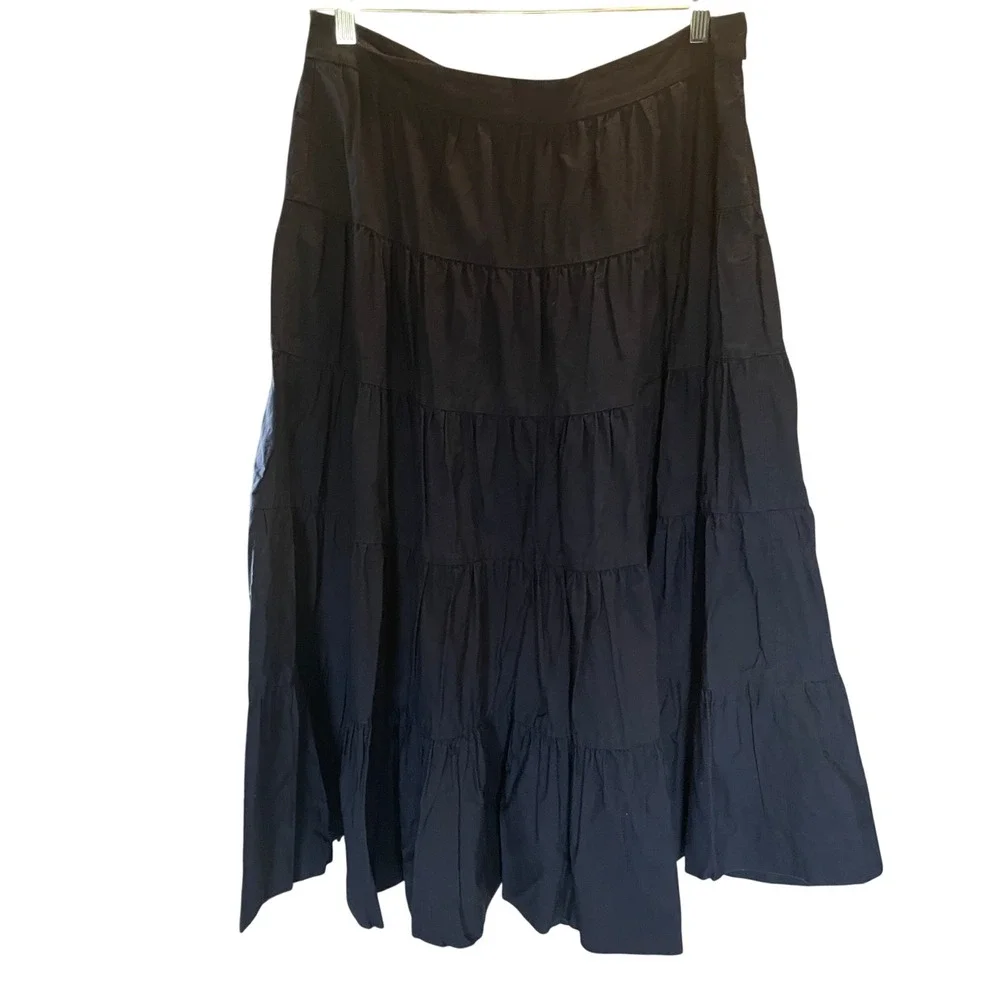 Womens Boho‎ Cottagecore Tiered Maxi Skirt Navy Size 14 Minimalist Preppy Cotton
